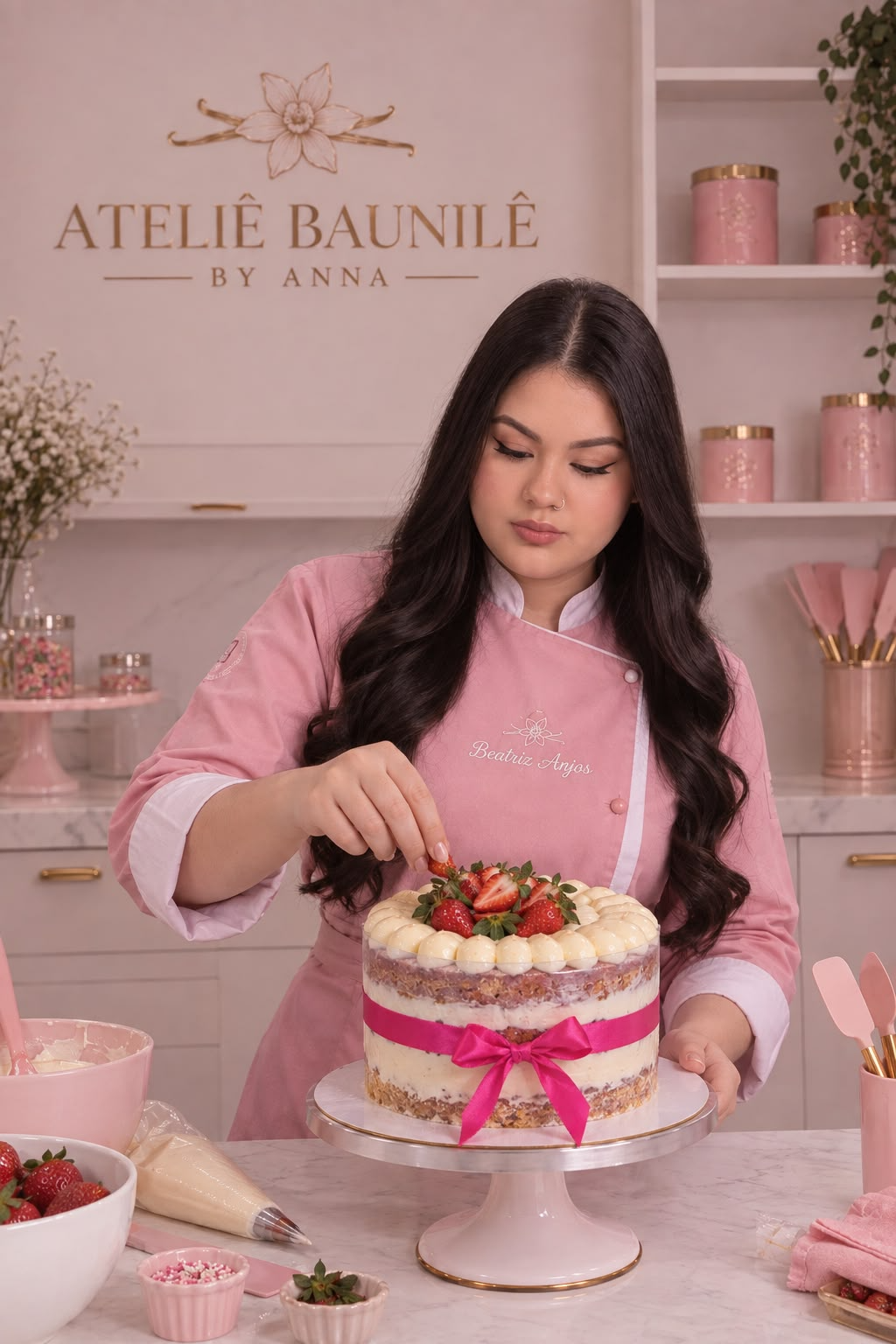 Beatriz, confeiteira do ATELIÊ BAUNILÊ, finalizando um bolo com morangos